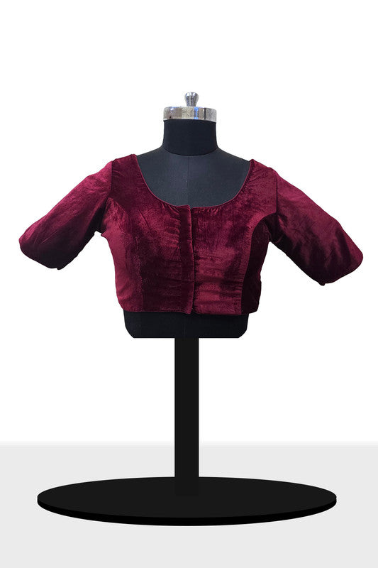 Women's Blouse Velvet Padded Front Open Round Neck Princess Cut Elbow Sleeve Saree Blouse with Round Back - Maroon - N972