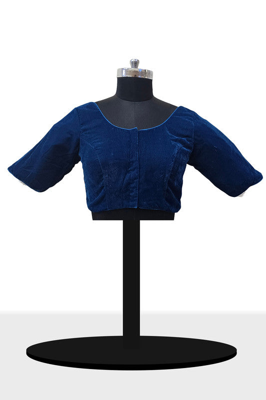 Women’s Blouse Velvet Padded Front Open Round Neck Princess Cut Elbow Sleeve Saree Blouse with Round Back - Rama Blue - N972