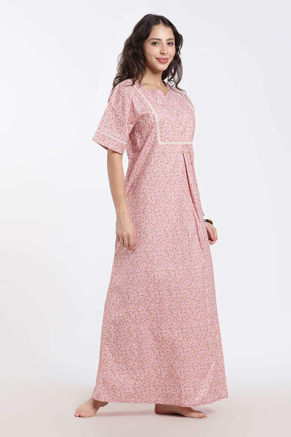 Naidu Hall Printed Cotton Nighty for Women – A-Line Full Length Sleepwear with Lace Yoke & Inverted Pleat | Comfortable Daily Wear Nighty
- N138