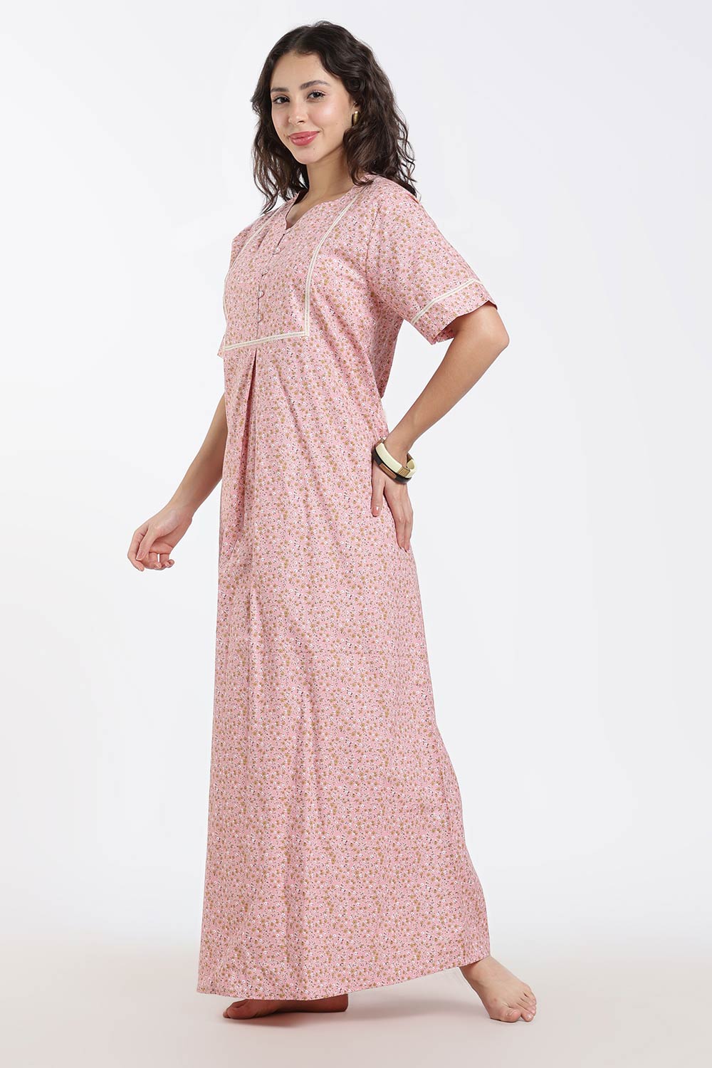 Naidu Hall Printed Cotton Nighty for Women – A-Line Full Length Sleepwear with Lace Yoke & Inverted Pleat | Comfortable Daily Wear Nighty
- N138