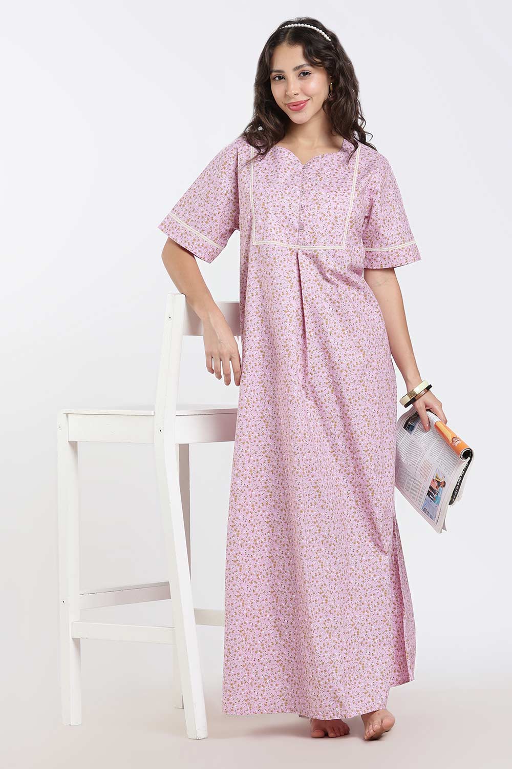 Naidu Hall Printed Cotton Nighty for Women – A-Line Full Length Sleepwear with Lace Yoke & Inverted Pleat | Comfortable Daily Wear Nighty
- N138
