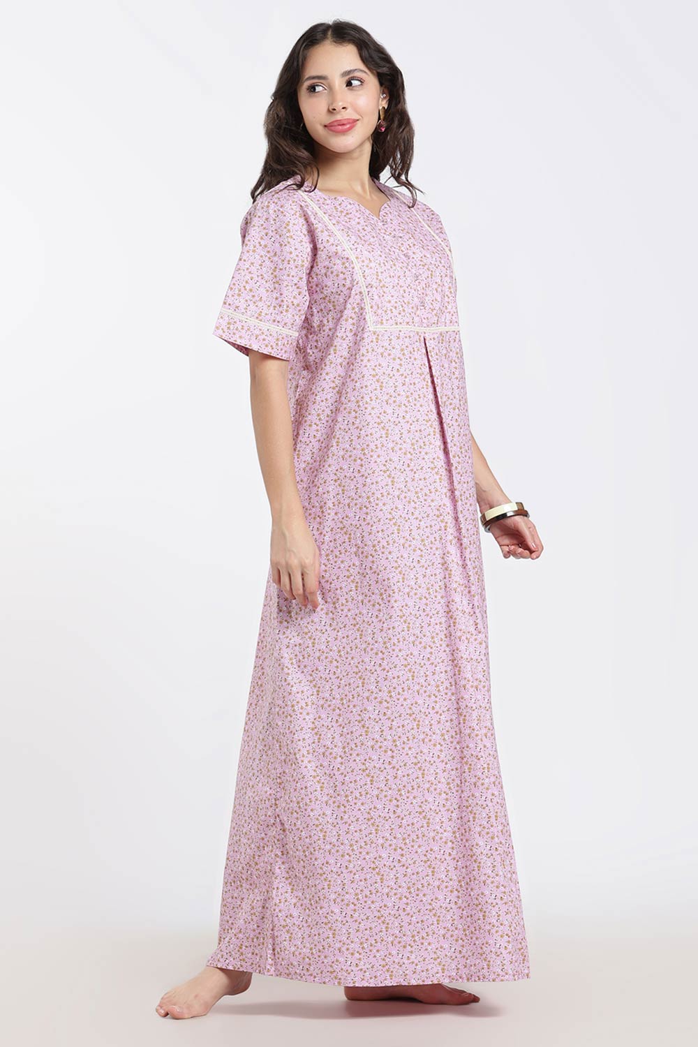 Naidu Hall Printed Cotton Nighty for Women – A-Line Full Length Sleepwear with Lace Yoke & Inverted Pleat | Comfortable Daily Wear Nighty
- N138