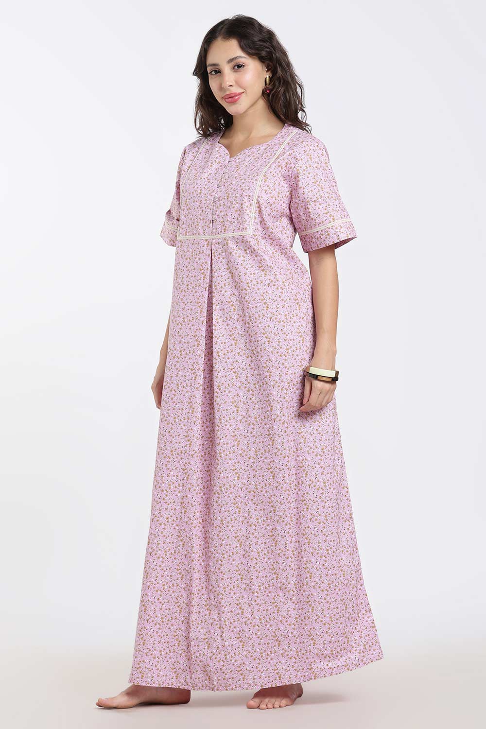 Naidu Hall Printed Cotton Nighty for Women – A-Line Full Length Sleepwear with Lace Yoke & Inverted Pleat | Comfortable Daily Wear Nighty
- N138