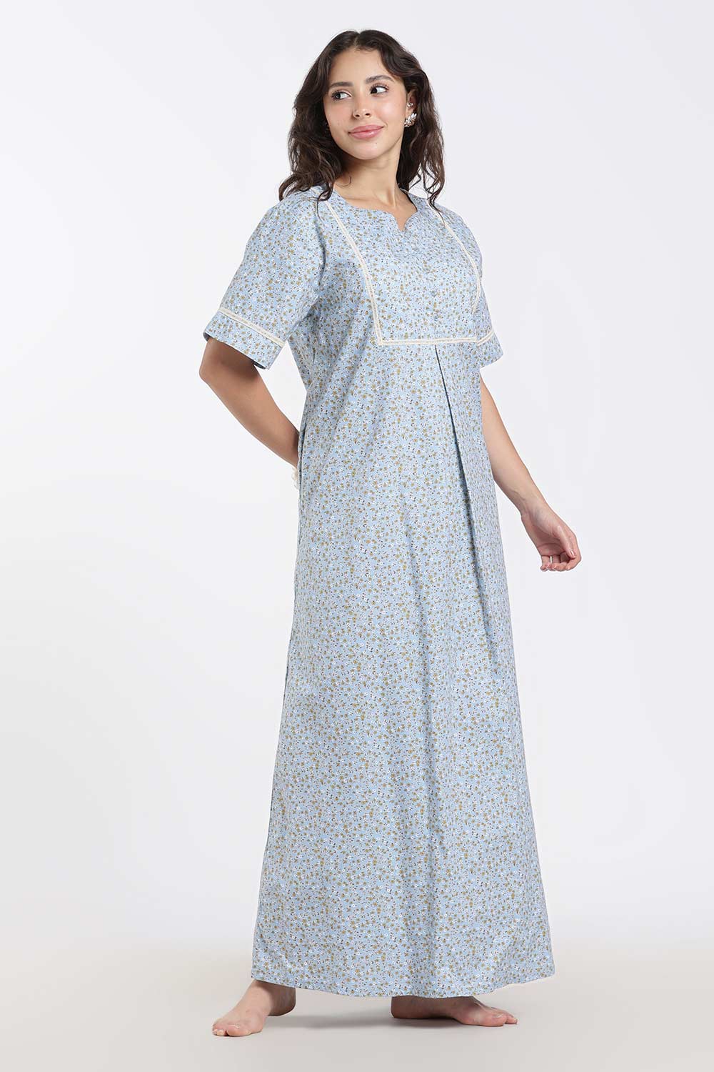 Naidu Hall Printed Cotton Nighty for Women – A-Line Full Length Sleepwear with Lace Yoke & Inverted Pleat | Comfortable Daily Wear Nighty
- N138