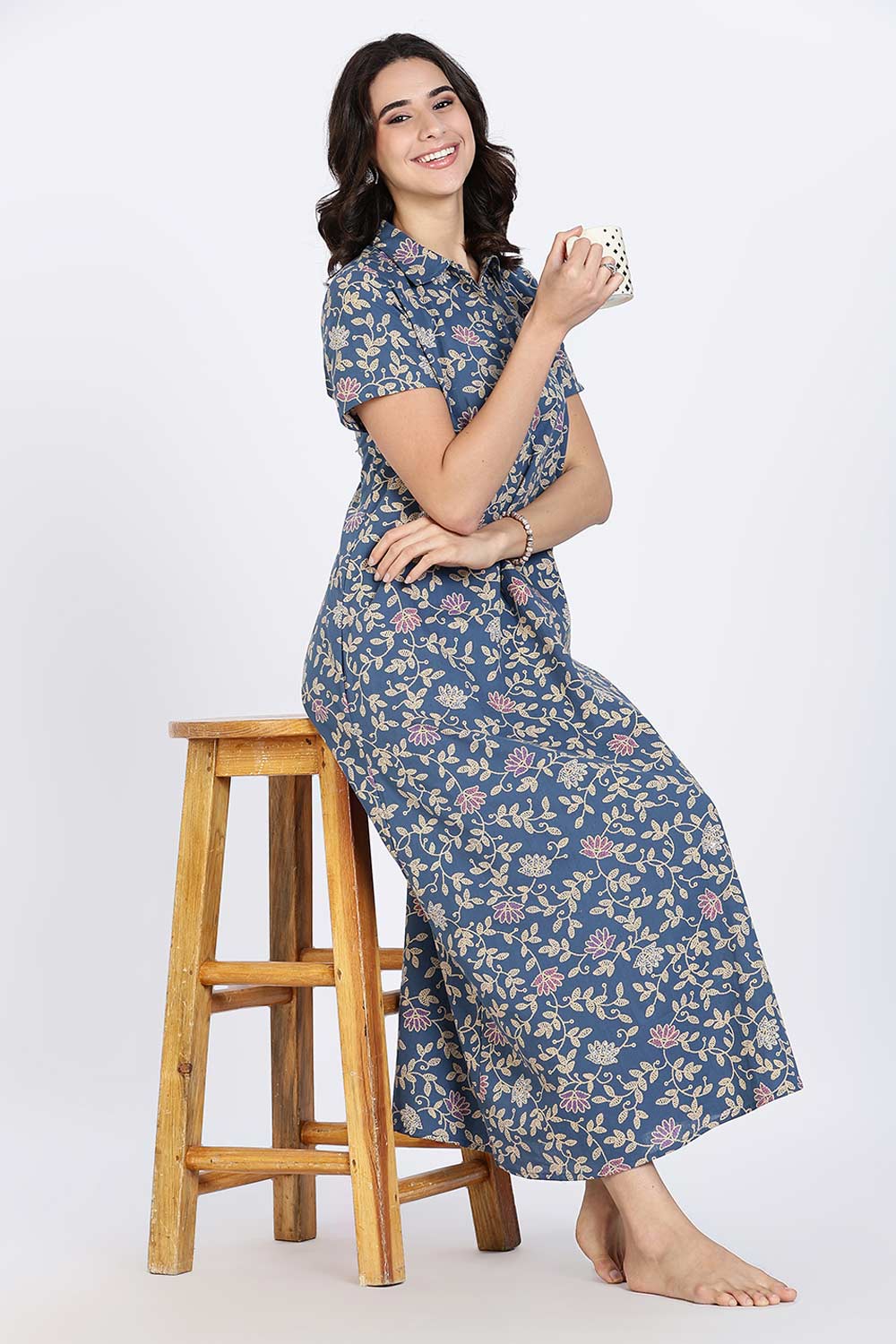 Naidu Hall Women’s Cotton Nighty Full Length A-Line Shirt Style Night Dress with Collar Neck and Button Placket
- Blue - NA42