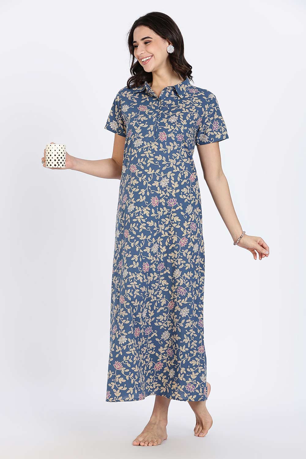 Naidu Hall Women’s Cotton Nighty Full Length A-Line Shirt Style Night Dress with Collar Neck and Button Placket
- Blue - NA42