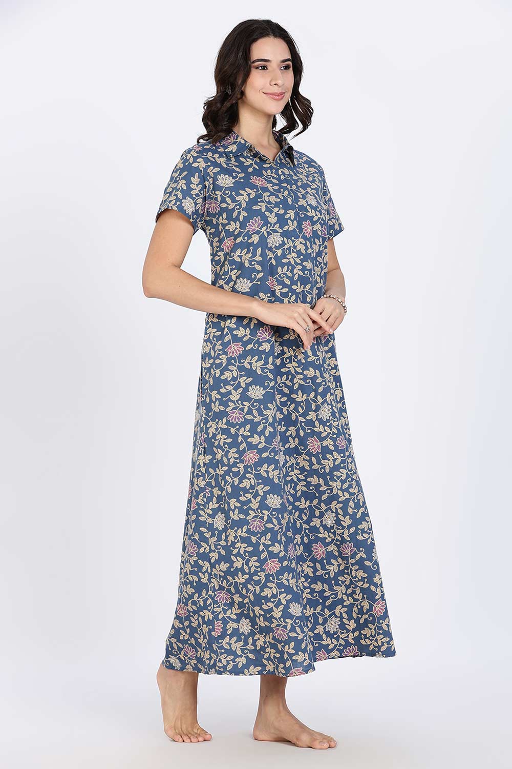 Naidu Hall Women’s Cotton Nighty Full Length A-Line Shirt Style Night Dress with Collar Neck and Button Placket
- Blue - NA42