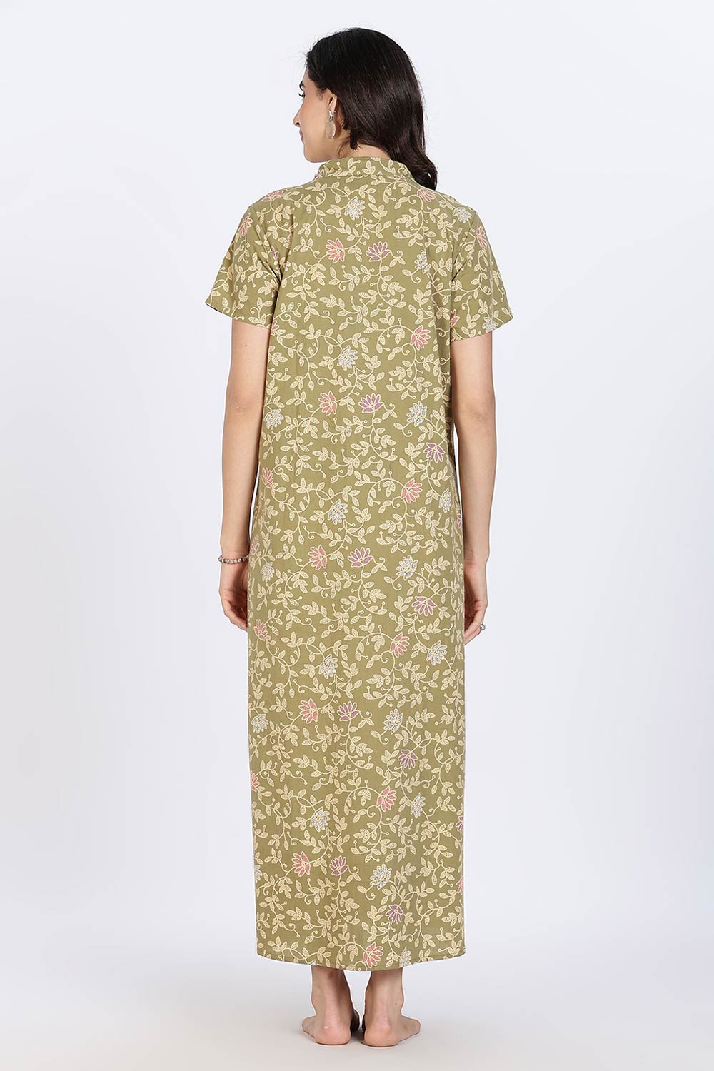 Naidu Hall Women’s Cotton Nighty Full Length A-Line Shirt Style Night Dress with Collar Neck and Button Placket
- Green - NA42