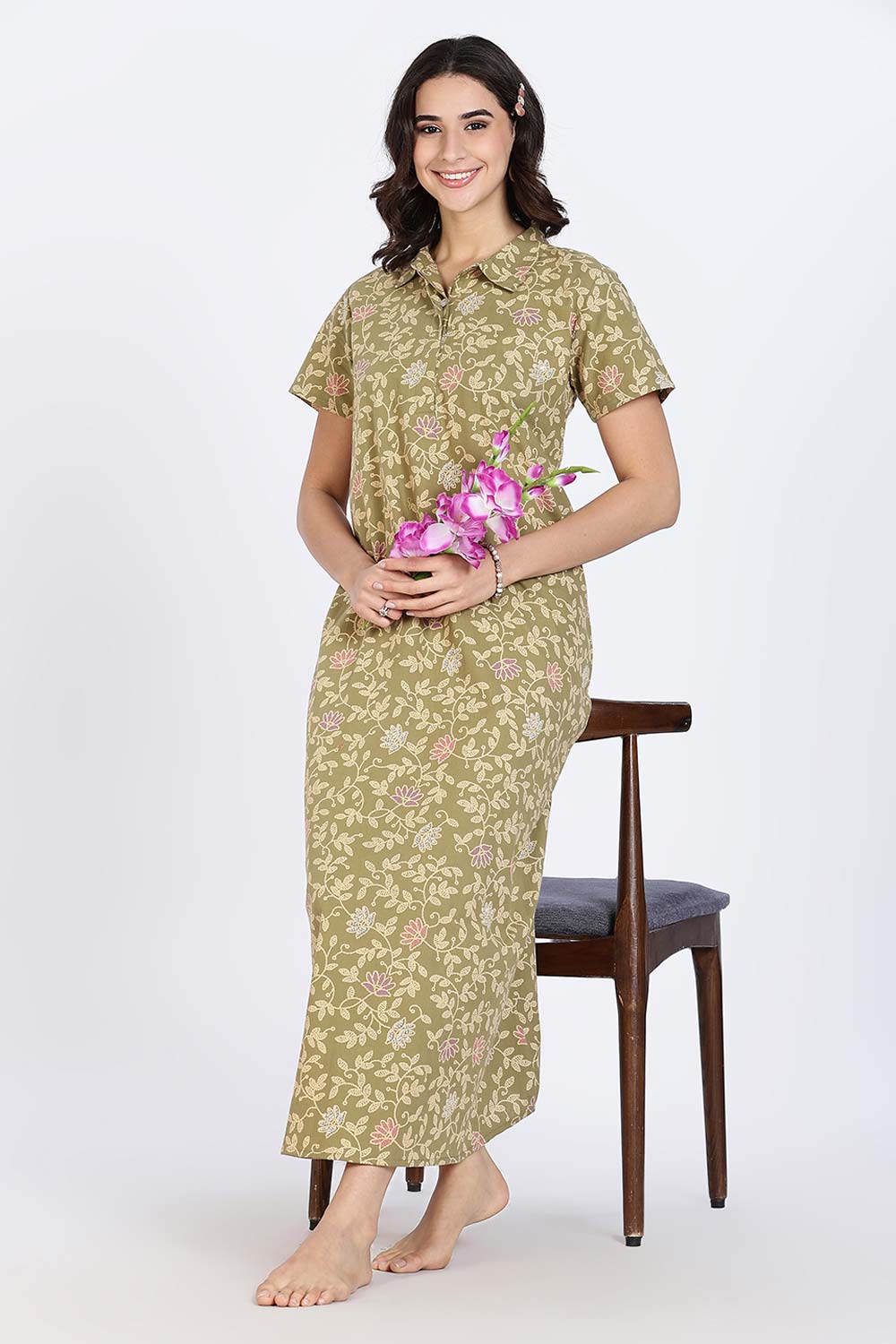 Naidu Hall Women’s Cotton Nighty Full Length A-Line Shirt Style Night Dress with Collar Neck and Button Placket
- Green - NA42