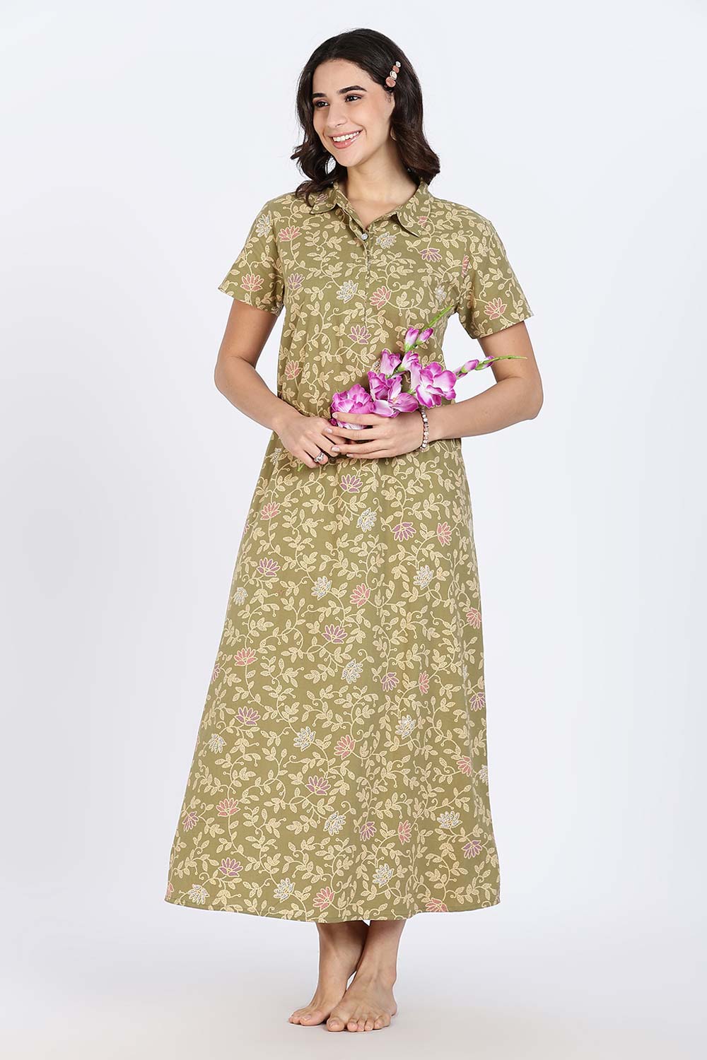 Naidu Hall Women’s Cotton Nighty Full Length A-Line Shirt Style Night Dress with Collar Neck and Button Placket
- Green - NA42