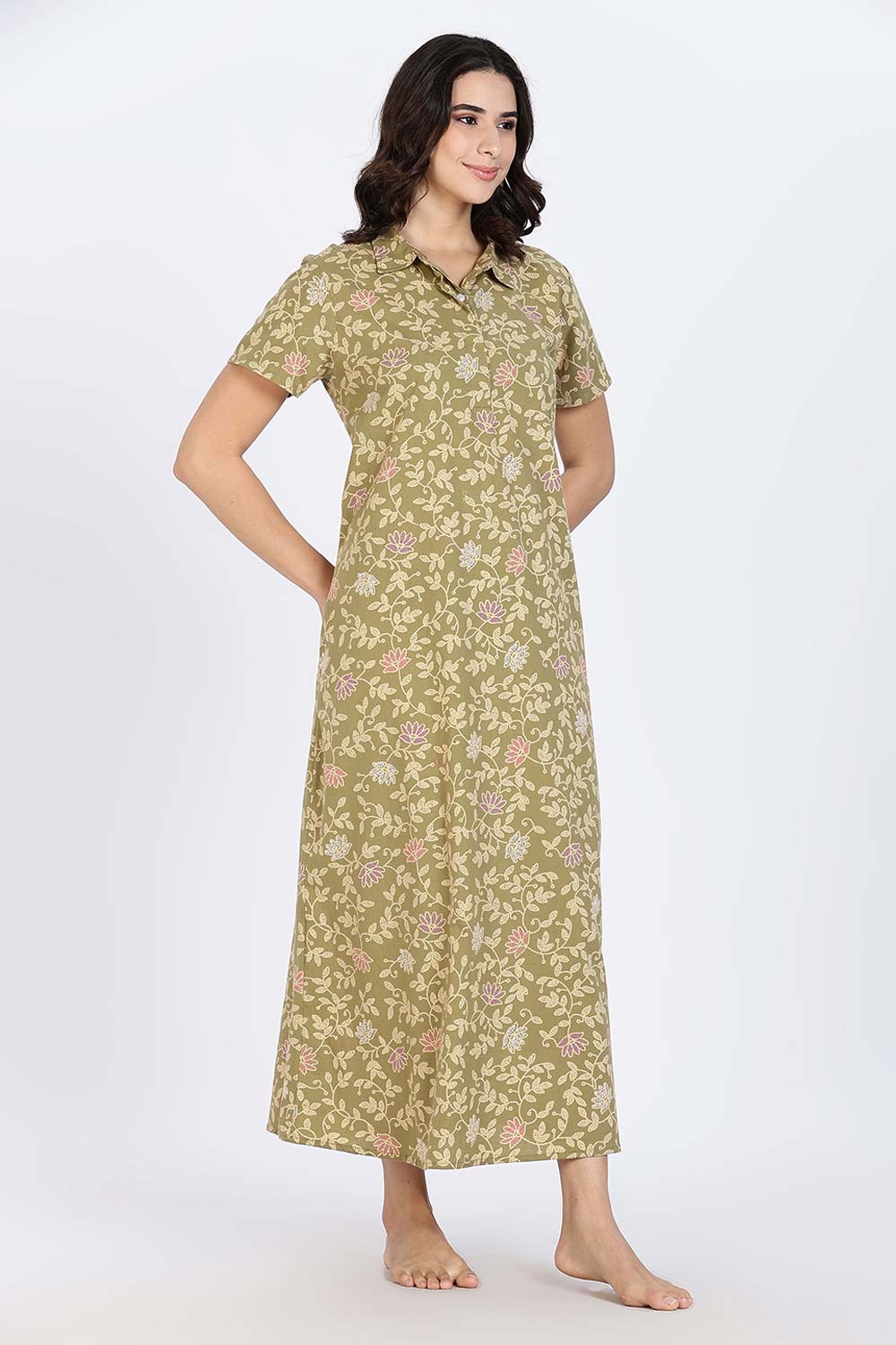 Naidu Hall Women’s Cotton Nighty Full Length A-Line Shirt Style Night Dress with Collar Neck and Button Placket
- Green - NA42