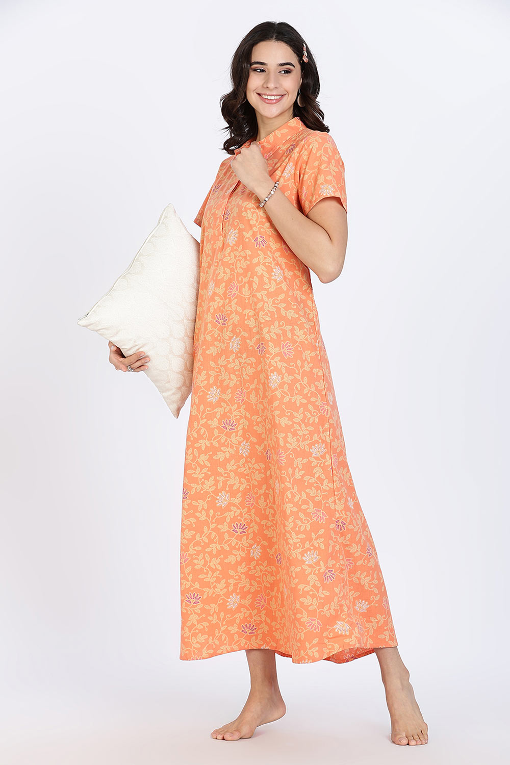 Naidu Hall Women’s Cotton Nighty Full Length A-Line Shirt Style Night Dress with Collar Neck and Button Placket
- Peach - NA42