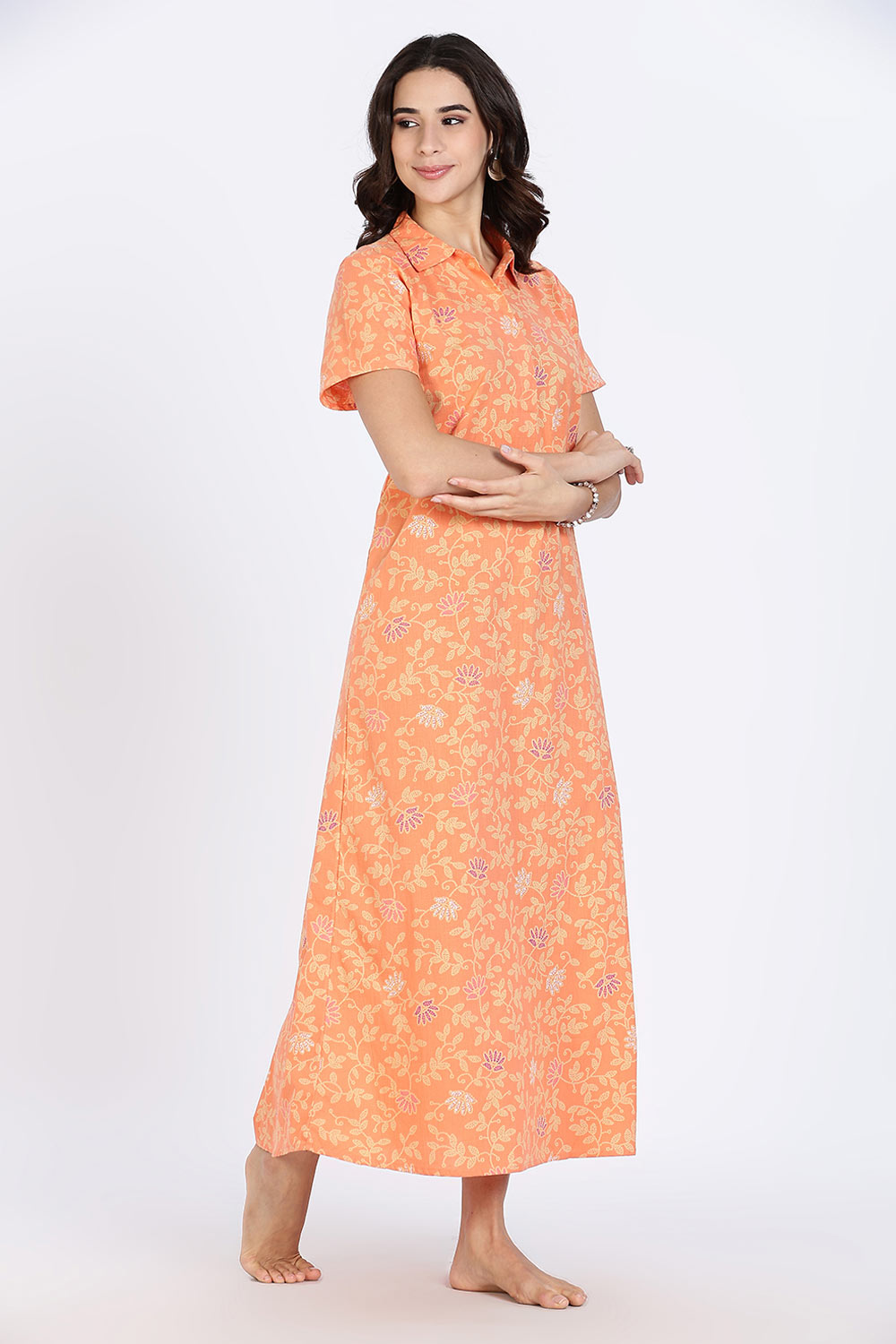 Naidu Hall Women’s Cotton Nighty Full Length A-Line Shirt Style Night Dress with Collar Neck and Button Placket
- Peach - NA42