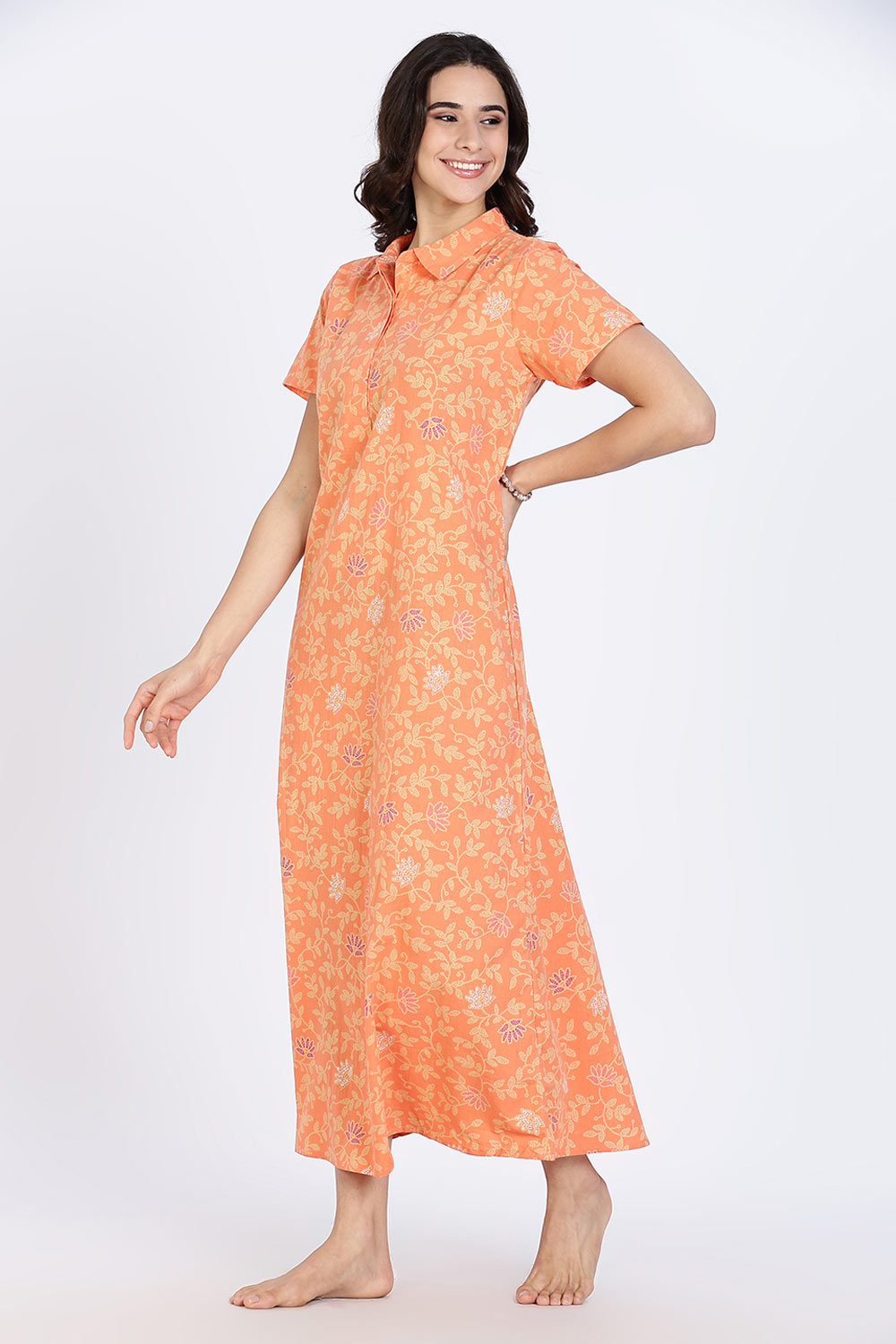 Naidu Hall Women’s Cotton Nighty Full Length A-Line Shirt Style Night Dress with Collar Neck and Button Placket
- Peach - NA42