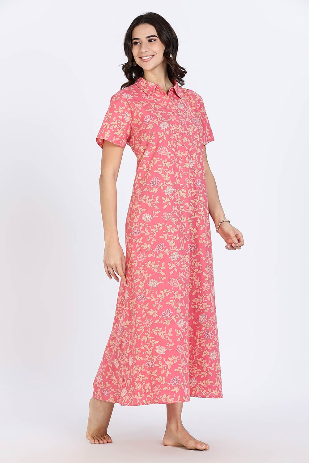 Naidu Hall Women’s Cotton Nighty Full Length A-Line Shirt Style Night Dress with Collar Neck and Button Placket
- Pink - NA42