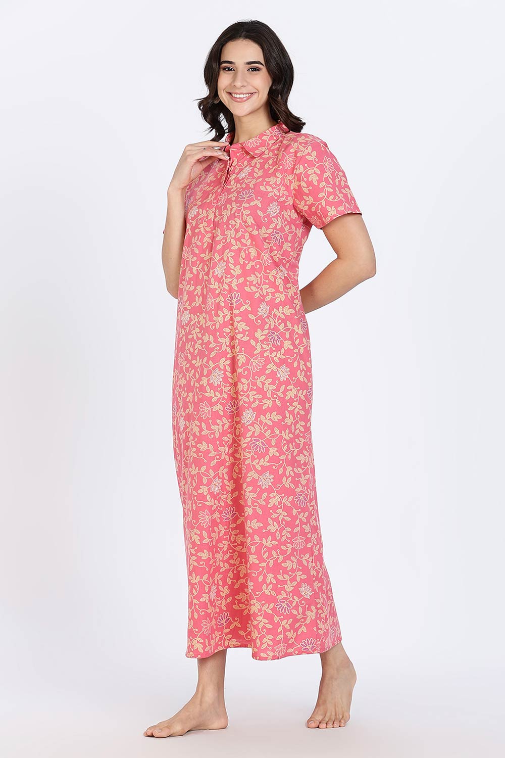 Naidu Hall Women’s Cotton Nighty Full Length A-Line Shirt Style Night Dress with Collar Neck and Button Placket
- Pink - NA42