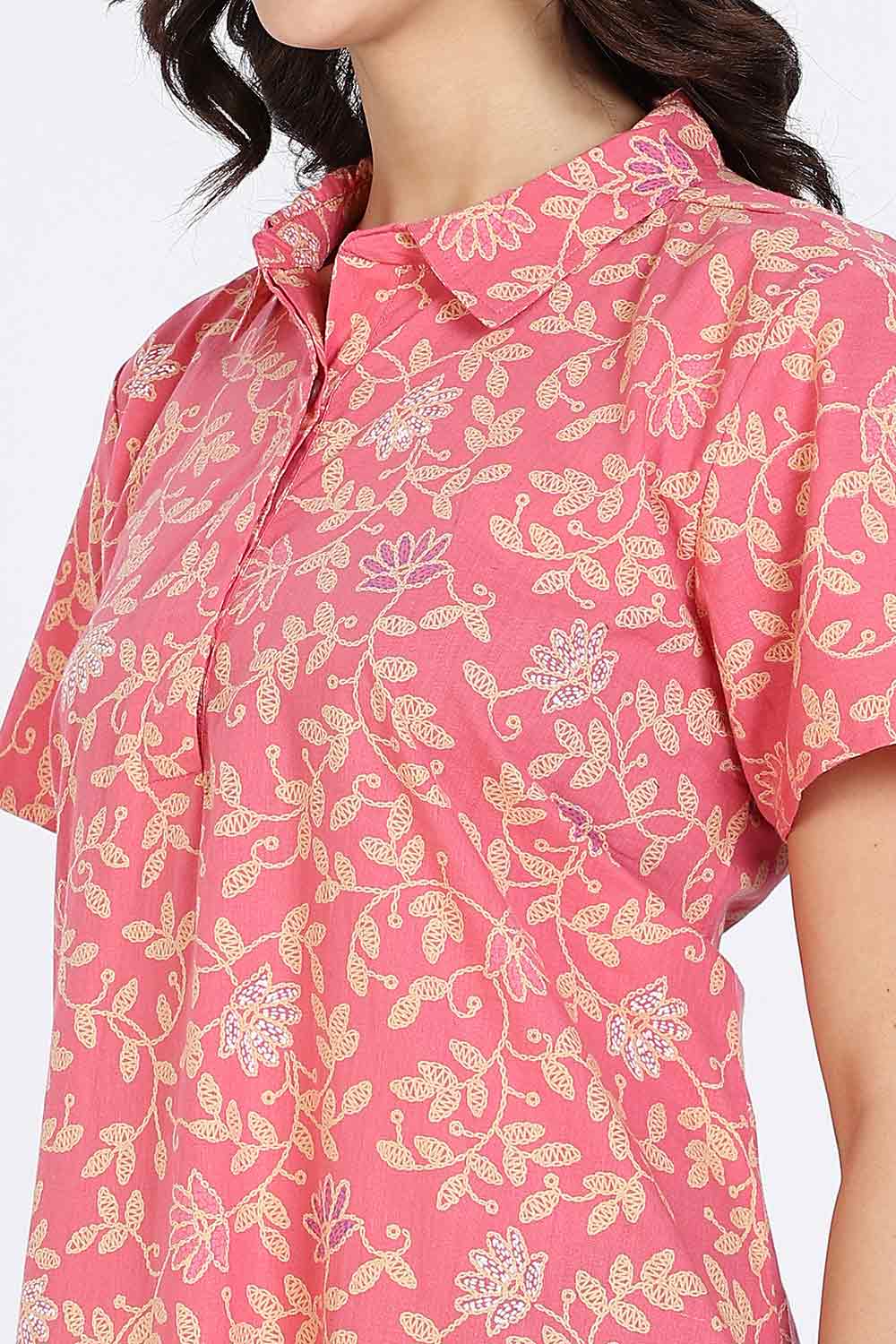 Naidu Hall Women’s Cotton Nighty Full Length A-Line Shirt Style Night Dress with Collar Neck and Button Placket
- Pink - NA42