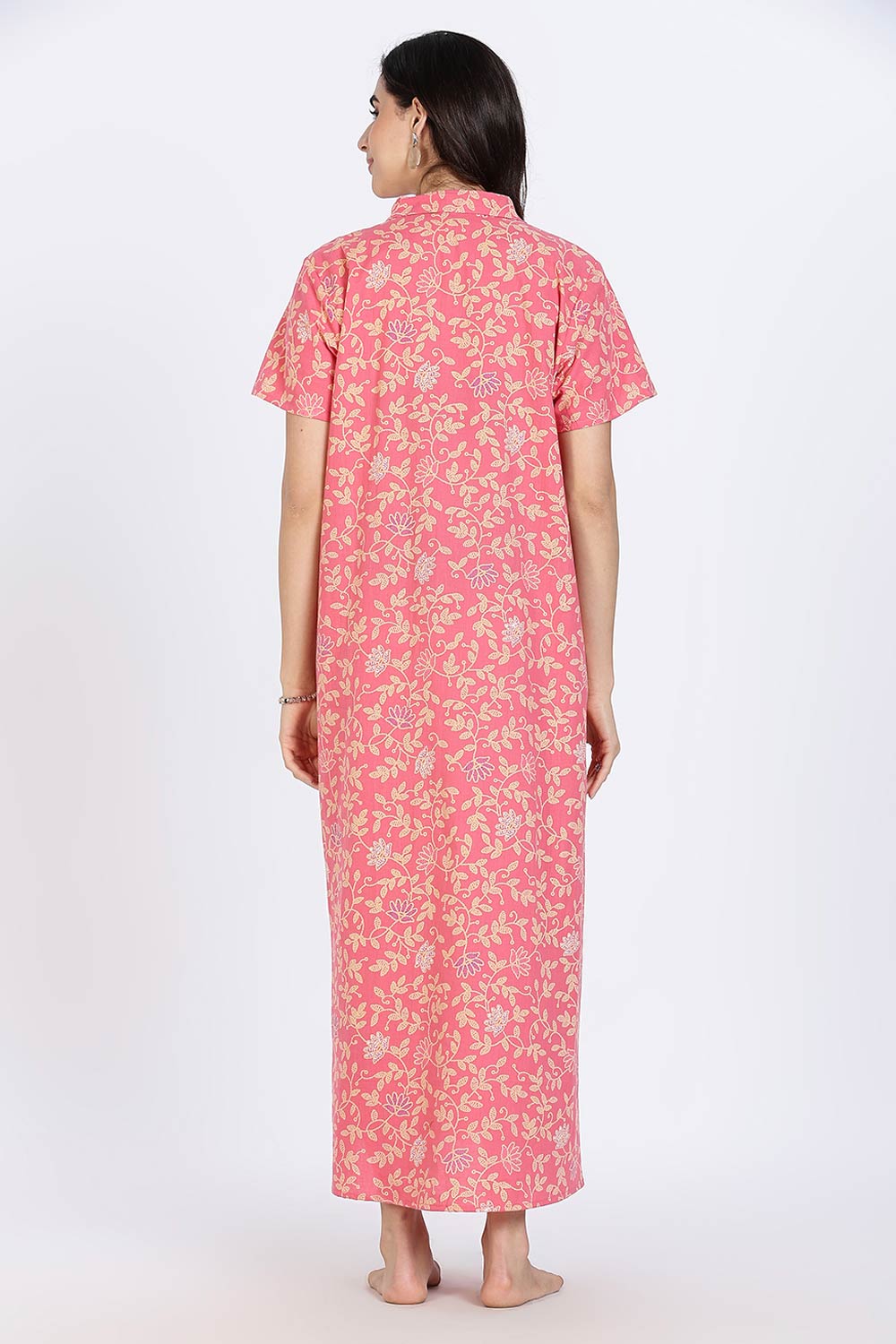 Naidu Hall Women’s Cotton Nighty Full Length A-Line Shirt Style Night Dress with Collar Neck and Button Placket
- Pink - NA42