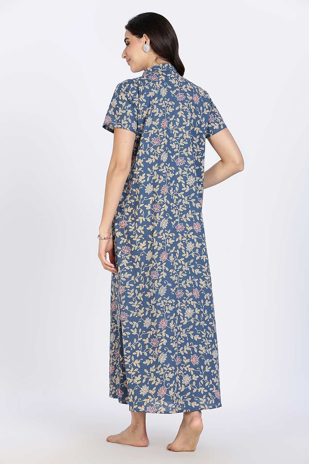 Naidu Hall Women’s Cotton Nighty Full Length A-Line Shirt Style Night Dress with Collar Neck and Button Placket
- Blue - NA42