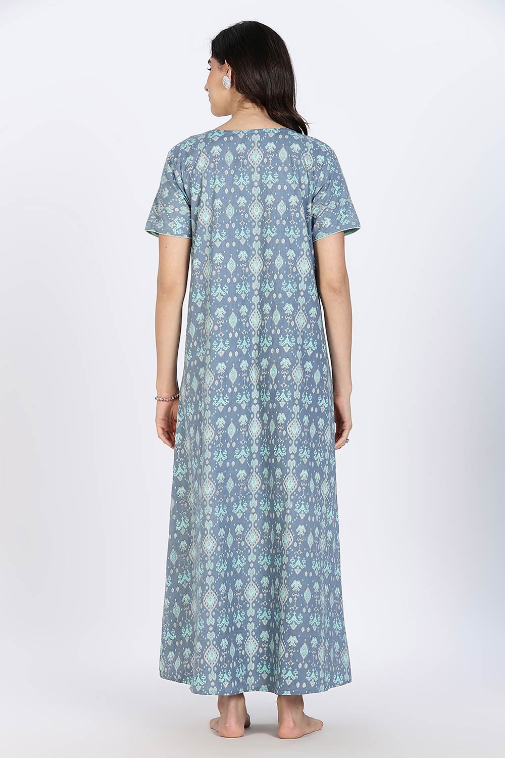 Naidu Hall Women's Cotton Nighty Full Length Night Dress with Round Neck Short Sleeves and Piping Detail
- Blue - NA44