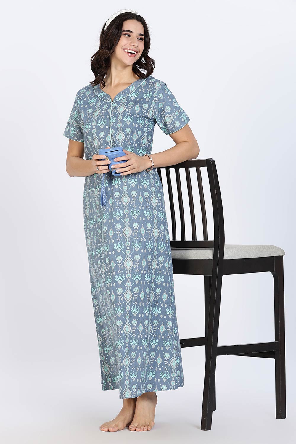 Naidu Hall Women’s Cotton Nighty Full Length Night Dress with Round Neck Short Sleeves and Piping Detail
- Blue - NA44
