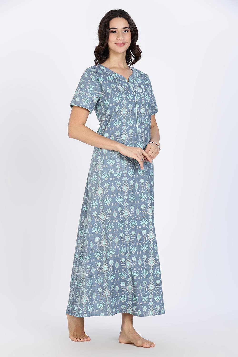 Naidu Hall Women’s Cotton Nighty Full Length Night Dress with Round Neck Short Sleeves and Piping Detail
- Blue - NA44