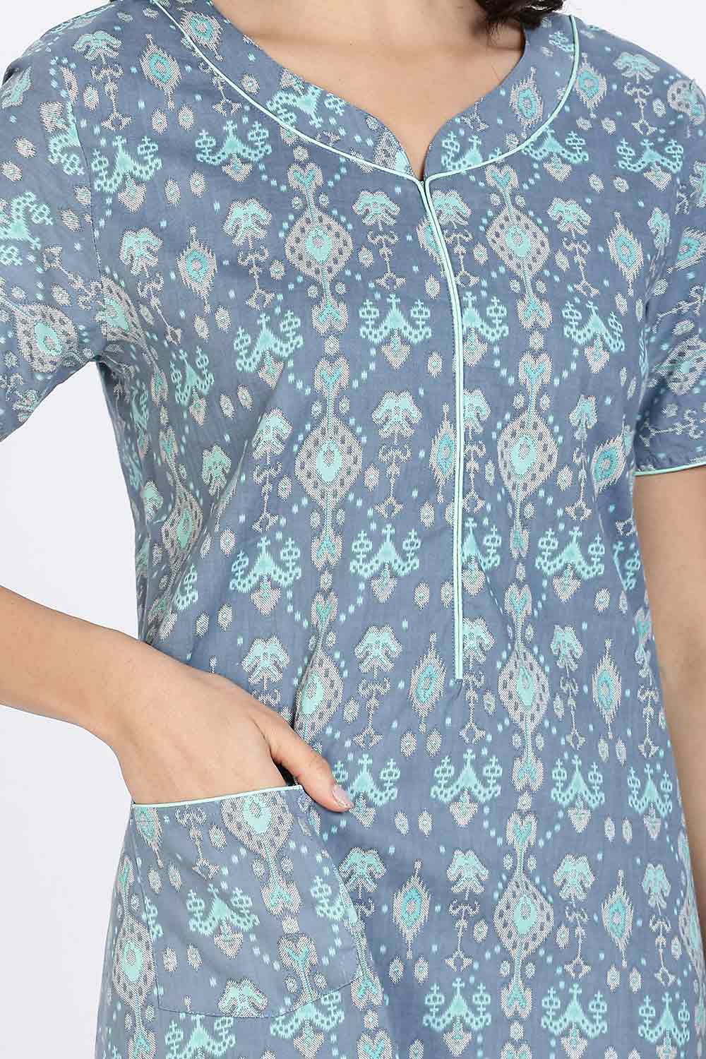 Naidu Hall Women’s Cotton Nighty Full Length Night Dress with Round Neck Short Sleeves and Piping Detail
- Blue - NA44