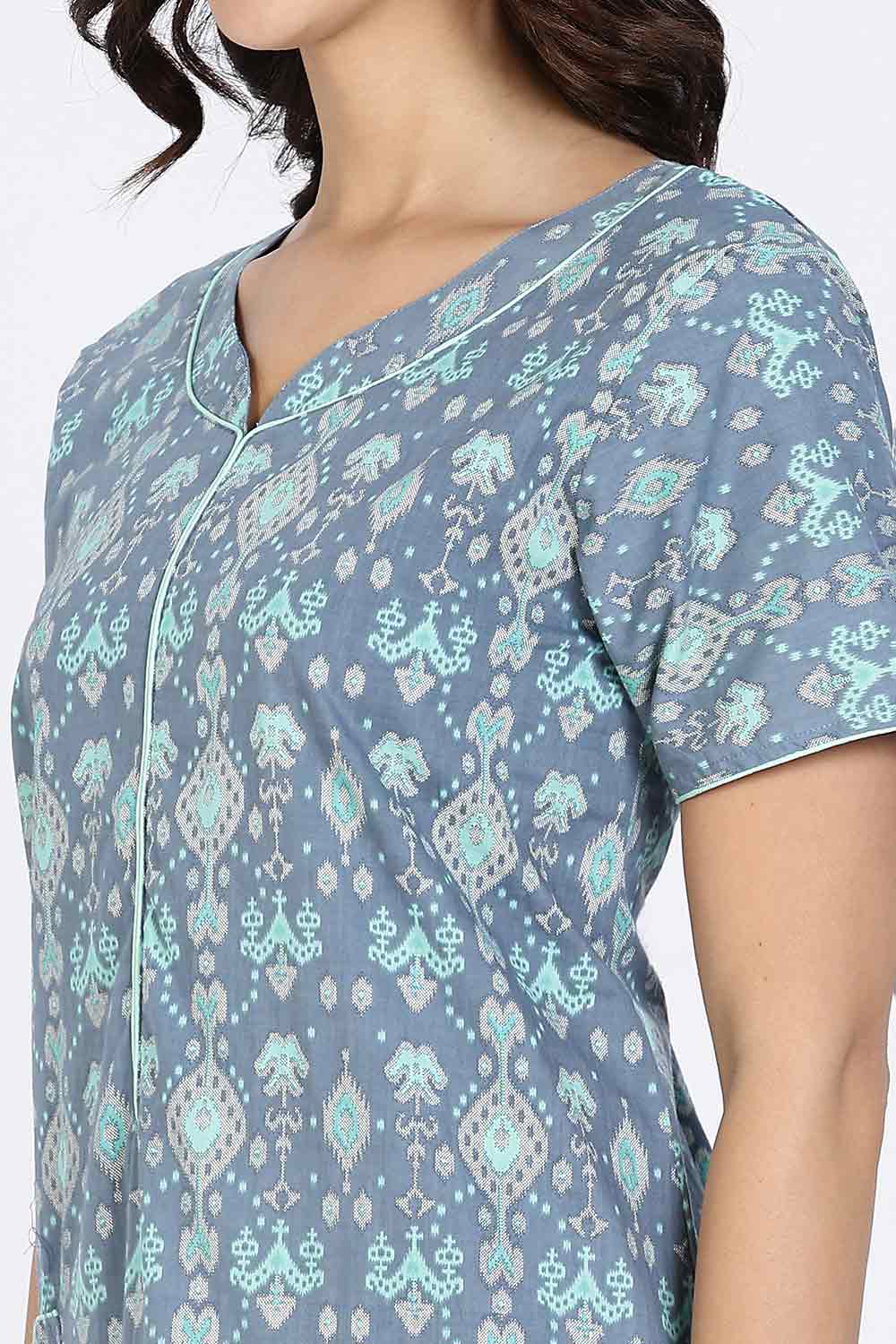 Naidu Hall Women’s Cotton Nighty Full Length Night Dress with Round Neck Short Sleeves and Piping Detail
- Blue - NA44