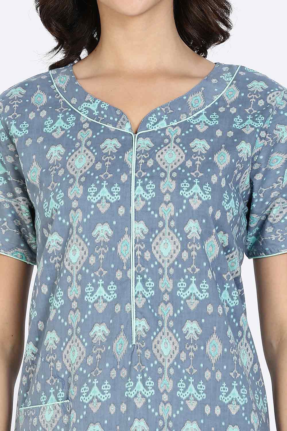 Naidu Hall Women’s Cotton Nighty Full Length Night Dress with Round Neck Short Sleeves and Piping Detail
- Blue - NA44