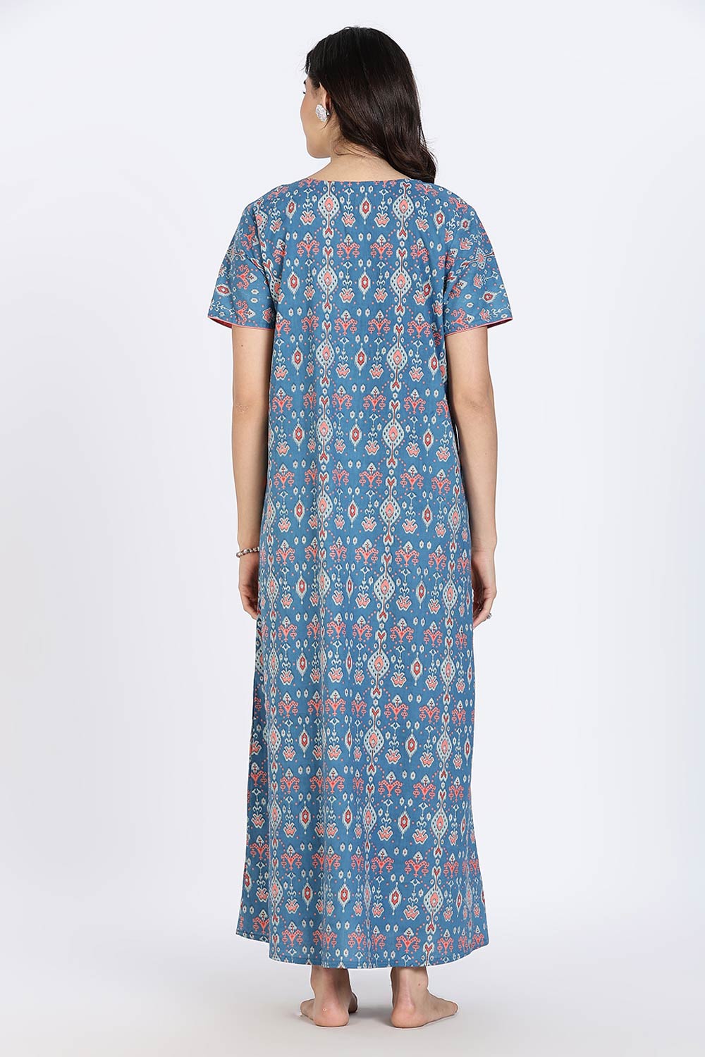 Naidu Hall Women’s Cotton Nighty Full Length Night Dress with Round Neck Short Sleeves and Piping Detail
- Dark Blue - NA44