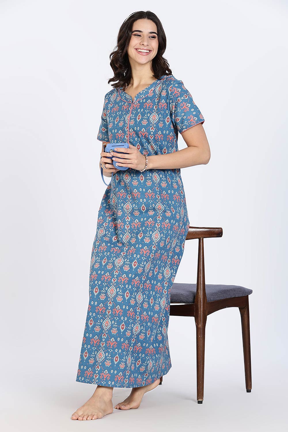 Naidu Hall Women’s Cotton Nighty Full Length Night Dress with Round Neck Short Sleeves and Piping Detail
- Dark Blue - NA44