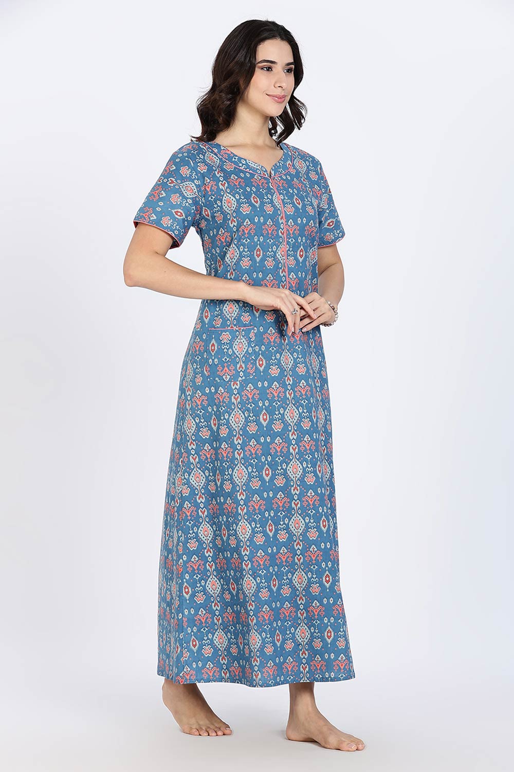 Naidu Hall Women’s Cotton Nighty Full Length Night Dress with Round Neck Short Sleeves and Piping Detail
- Dark Blue - NA44