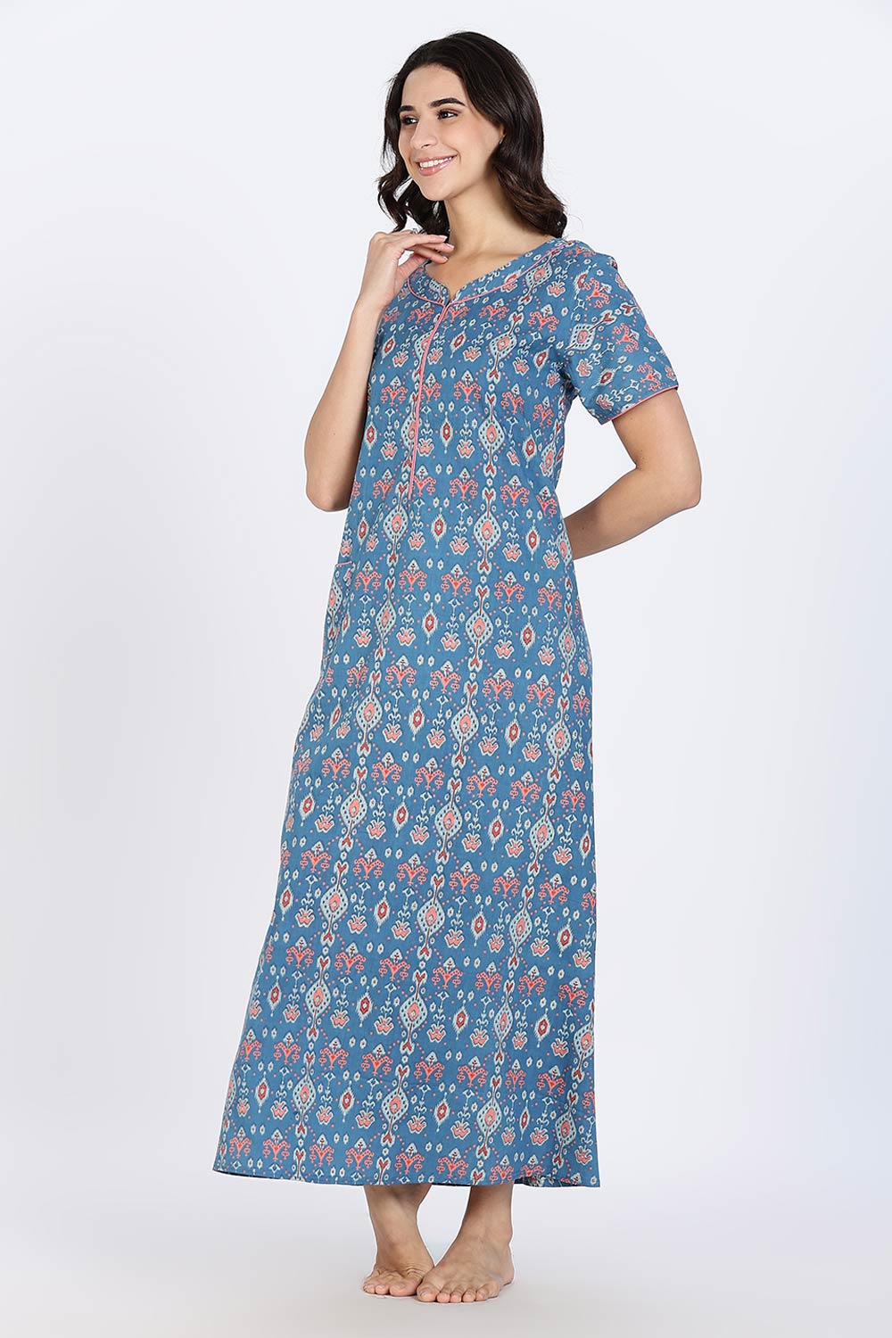 Naidu Hall Women’s Cotton Nighty Full Length Night Dress with Round Neck Short Sleeves and Piping Detail
- Dark Blue - NA44