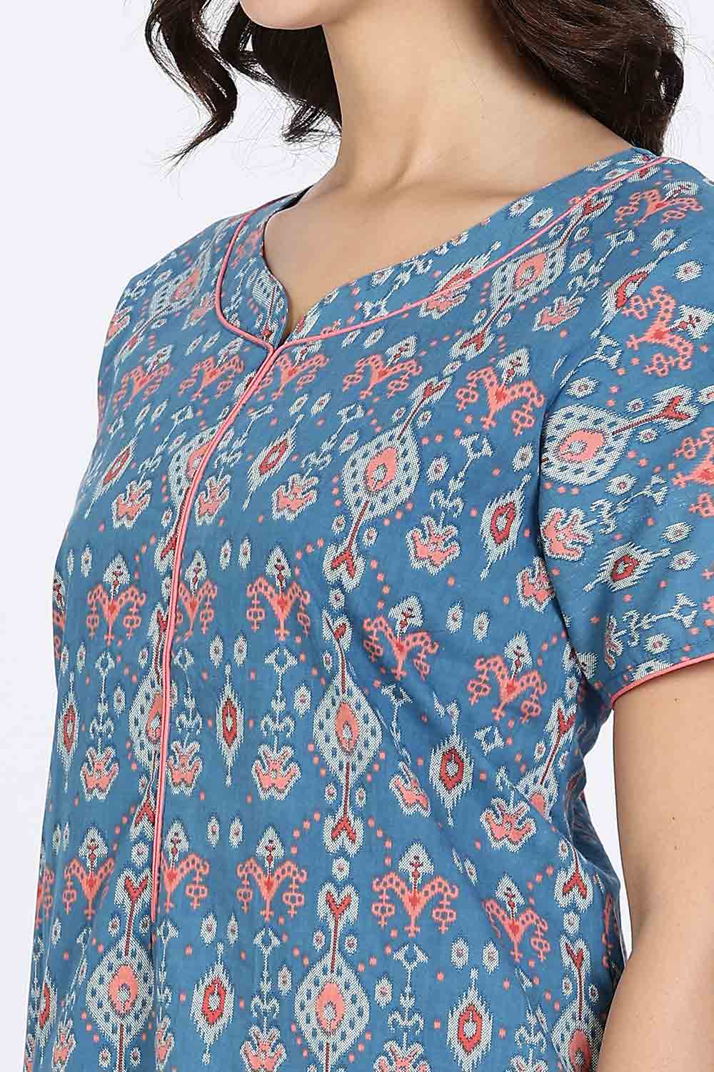 Naidu Hall Women’s Cotton Nighty Full Length Night Dress with Round Neck Short Sleeves and Piping Detail
- Dark Blue - NA44