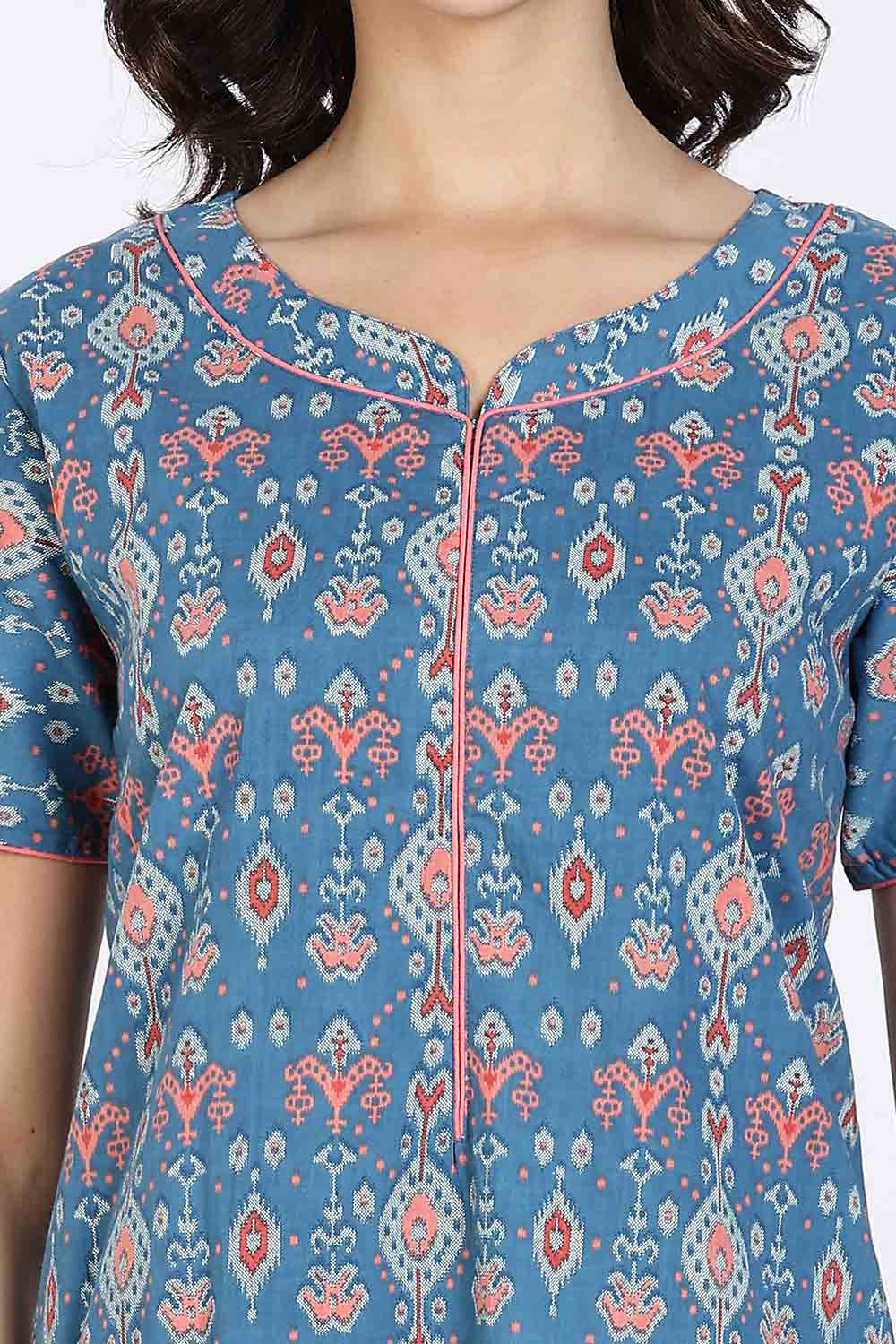 Naidu Hall Women’s Cotton Nighty Full Length Night Dress with Round Neck Short Sleeves and Piping Detail
- Dark Blue - NA44