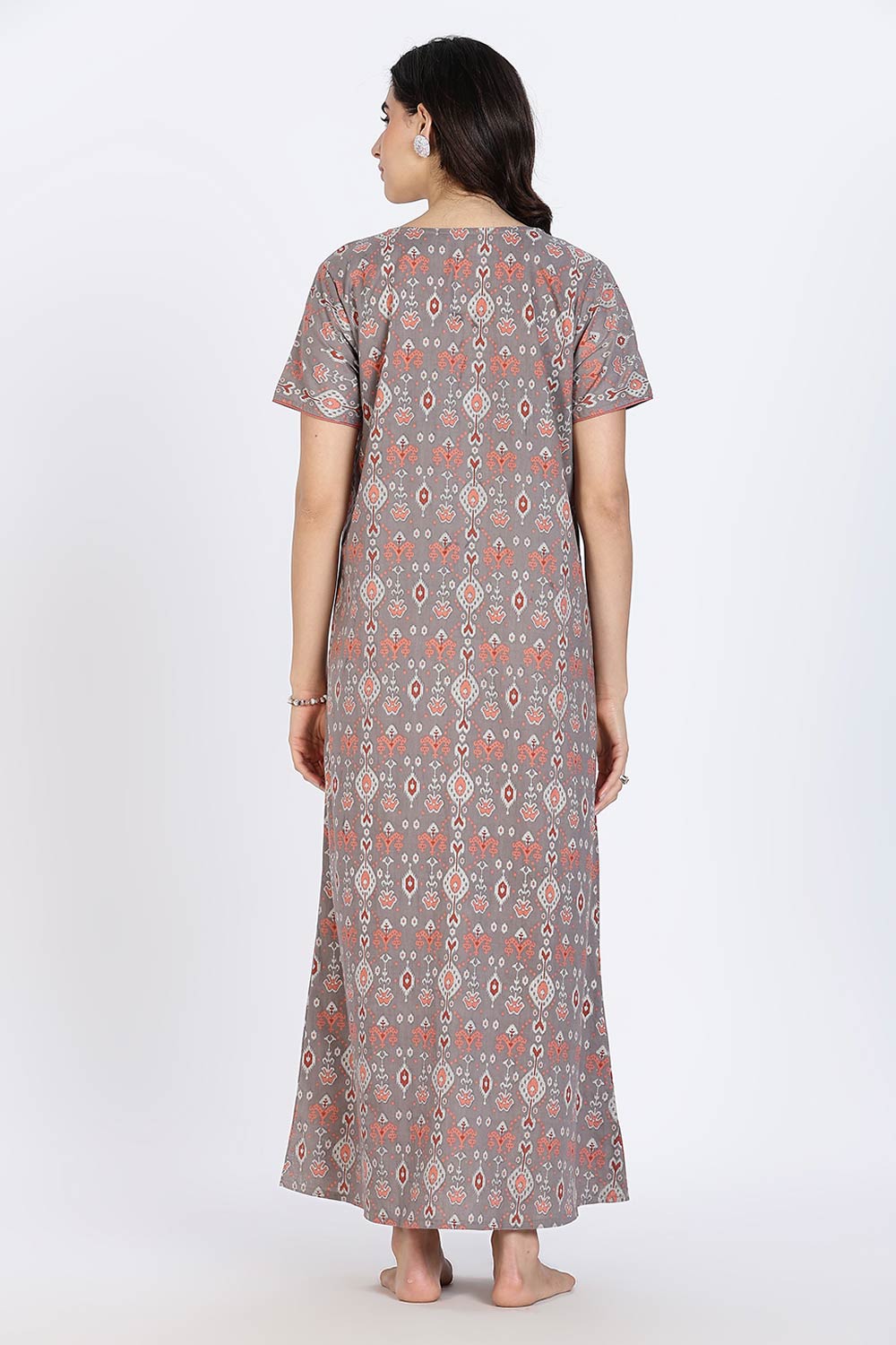 Naidu Hall Women’s Cotton Nighty Full Length Night Dress with Round Neck Short Sleeves and Piping Detail
- Grey - NA44