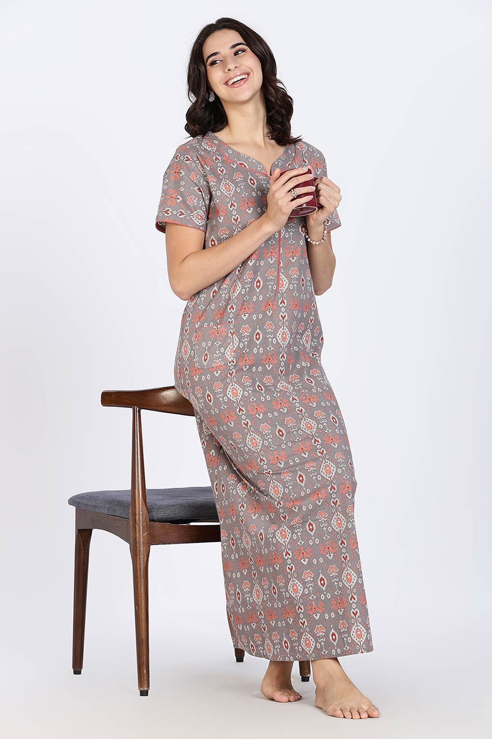 Naidu Hall Women’s Cotton Nighty Full Length Night Dress with Round Neck Short Sleeves and Piping Detail
- Grey - NA44