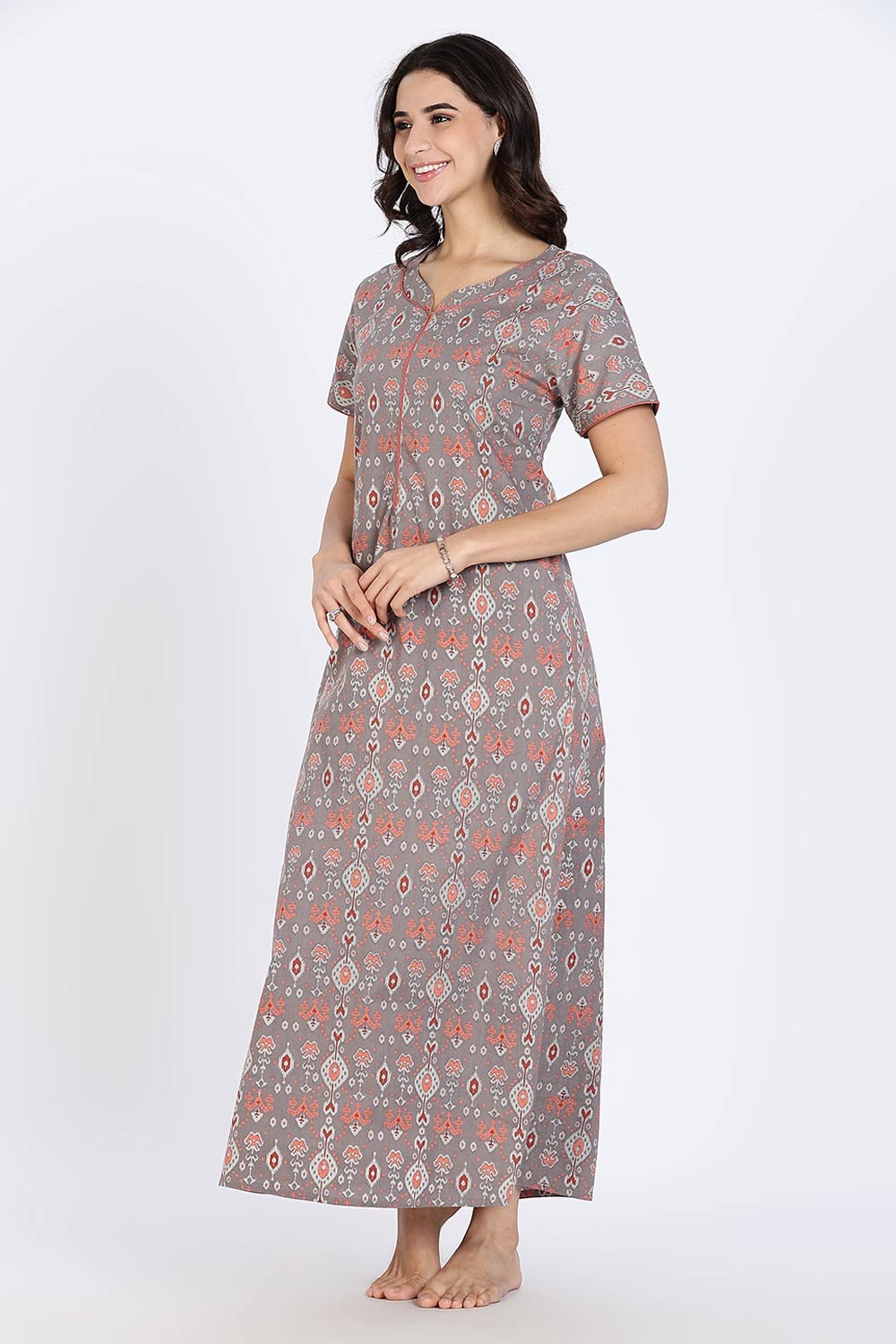 Naidu Hall Women’s Cotton Nighty Full Length Night Dress with Round Neck Short Sleeves and Piping Detail
- Grey - NA44