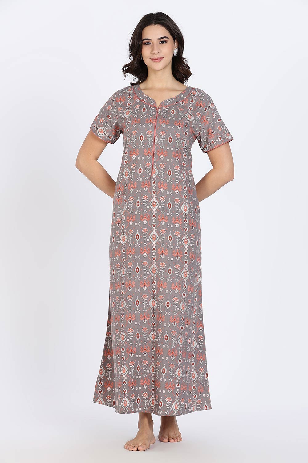 Naidu Hall Women’s Cotton Nighty Full Length Night Dress with Round Neck Short Sleeves and Piping Detail
- Grey - NA44