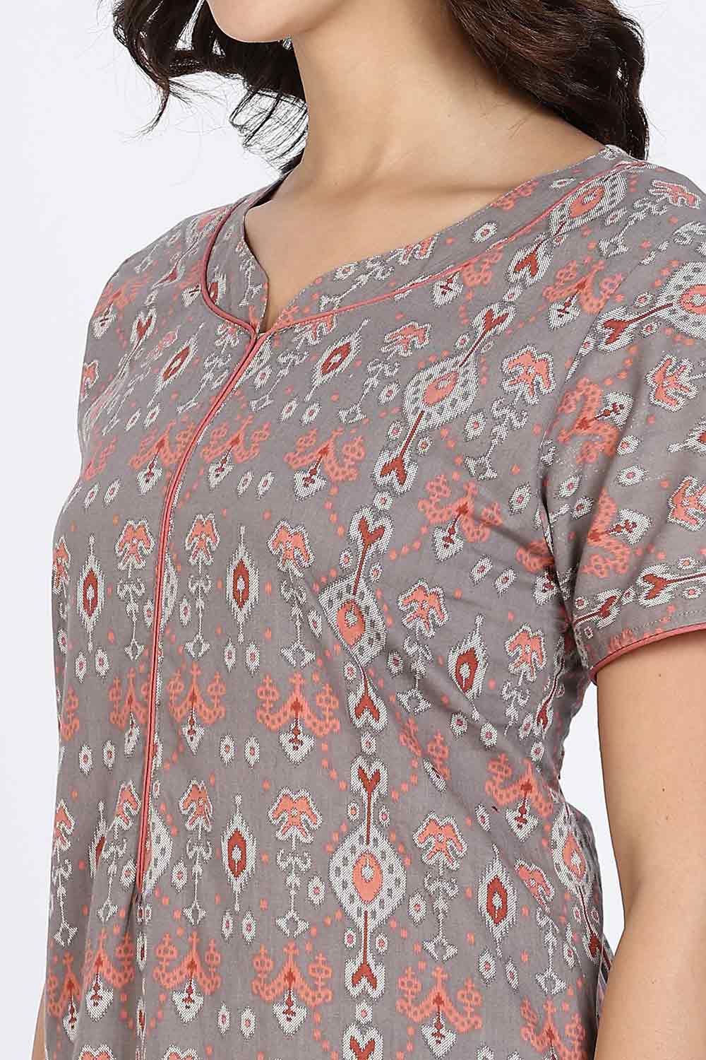 Naidu Hall Women’s Cotton Nighty Full Length Night Dress with Round Neck Short Sleeves and Piping Detail
- Grey - NA44