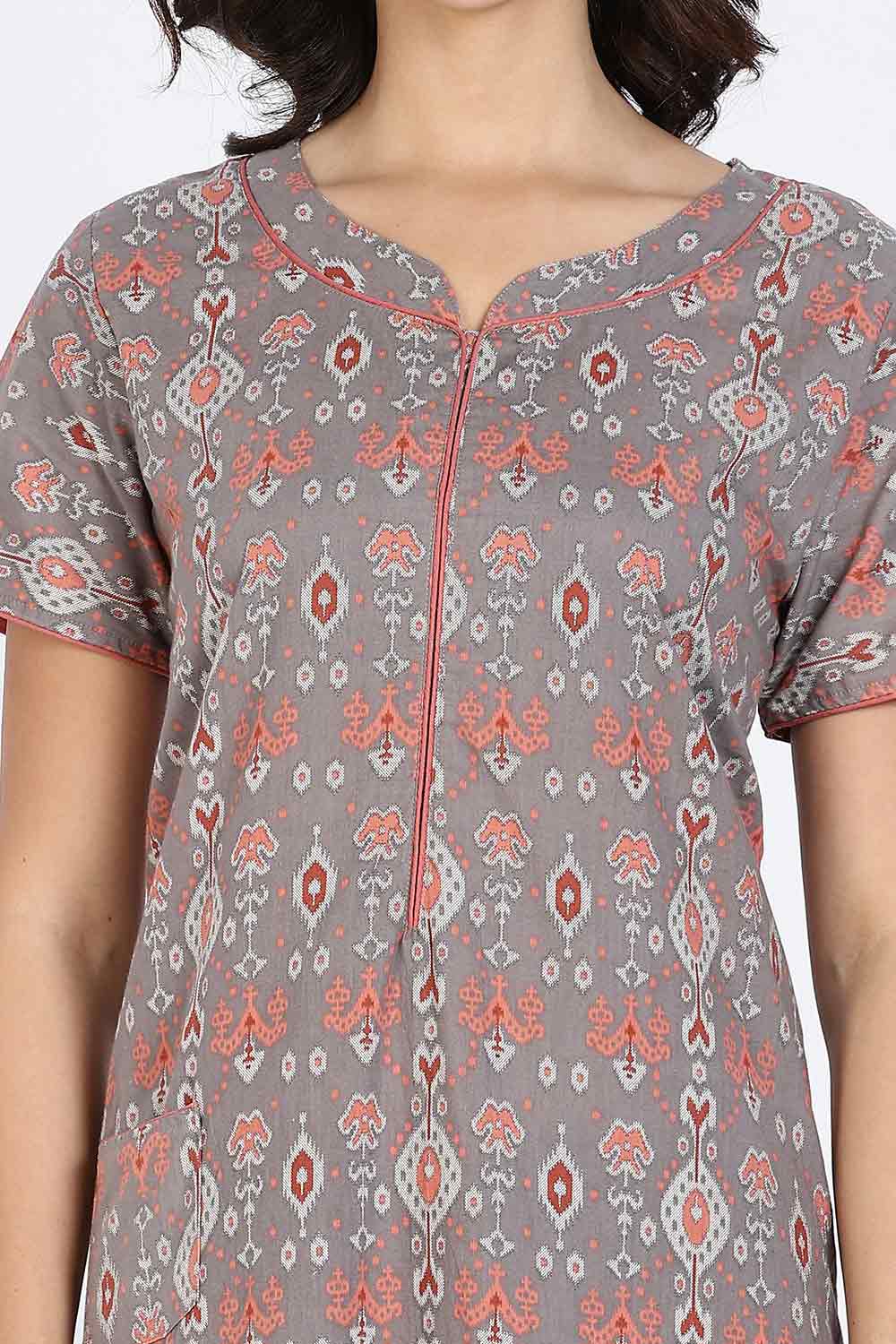 Naidu Hall Women’s Cotton Nighty Full Length Night Dress with Round Neck Short Sleeves and Piping Detail
- Grey - NA44