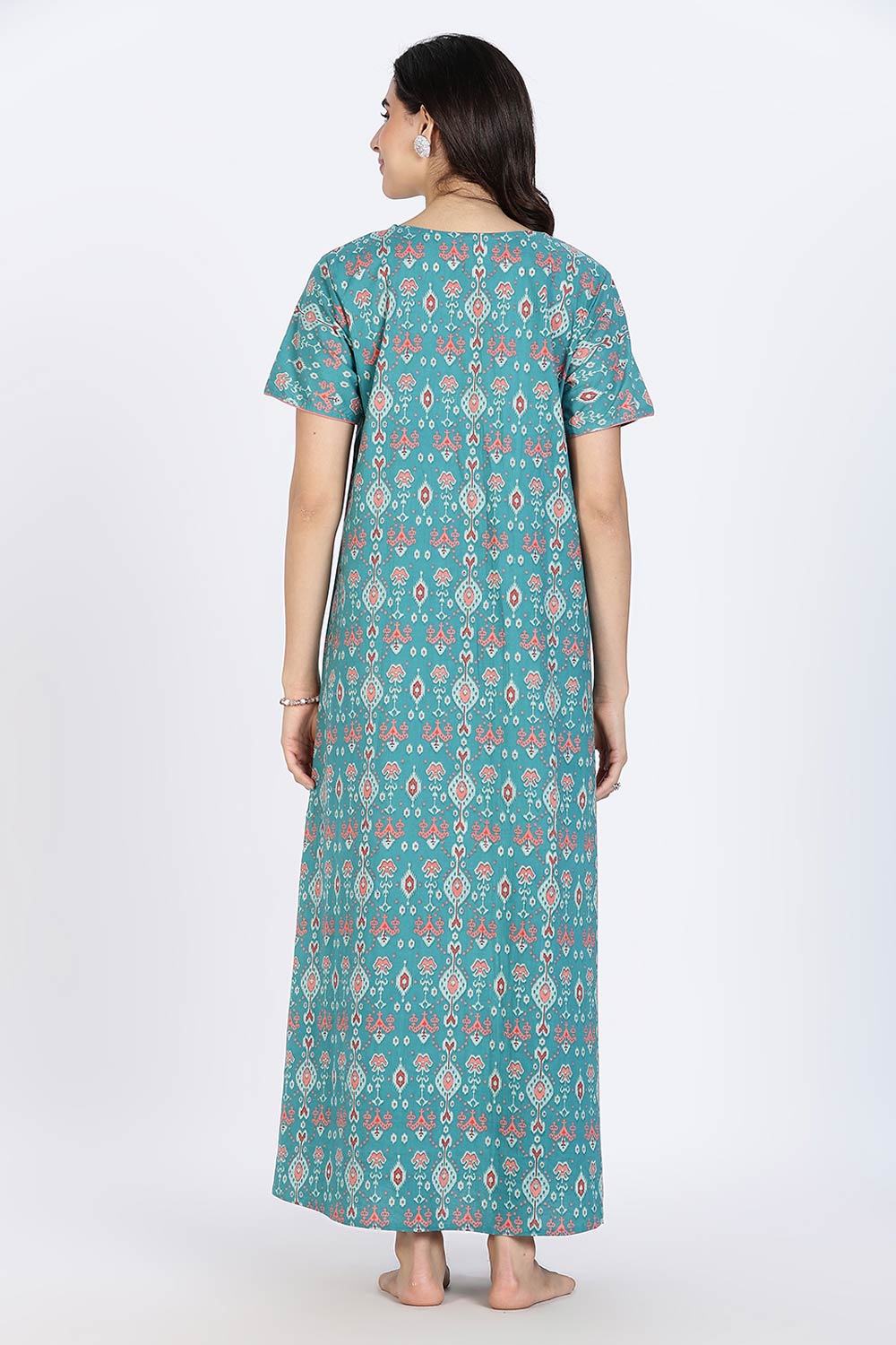 Naidu Hall Women’s Cotton Nighty Full Length Night Dress with Round Neck Short Sleeves and Piping Detail
- Teal - NA44