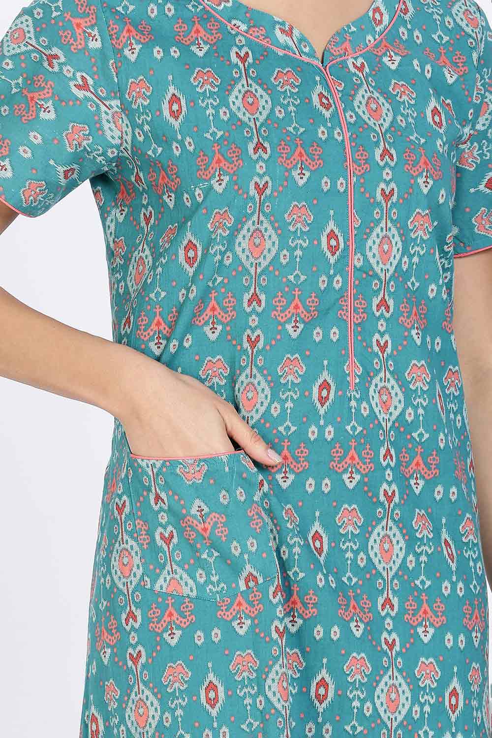Naidu Hall Women’s Cotton Nighty Full Length Night Dress with Round Neck Short Sleeves and Piping Detail
- Teal - NA44