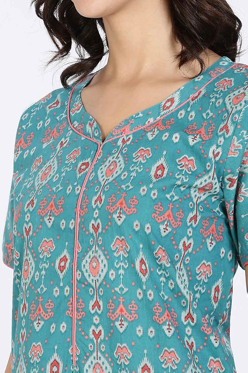Naidu Hall Women's Cotton Nighty Full Length Night Dress with Round Neck Short Sleeves and Piping Detail
- Teal - NA44