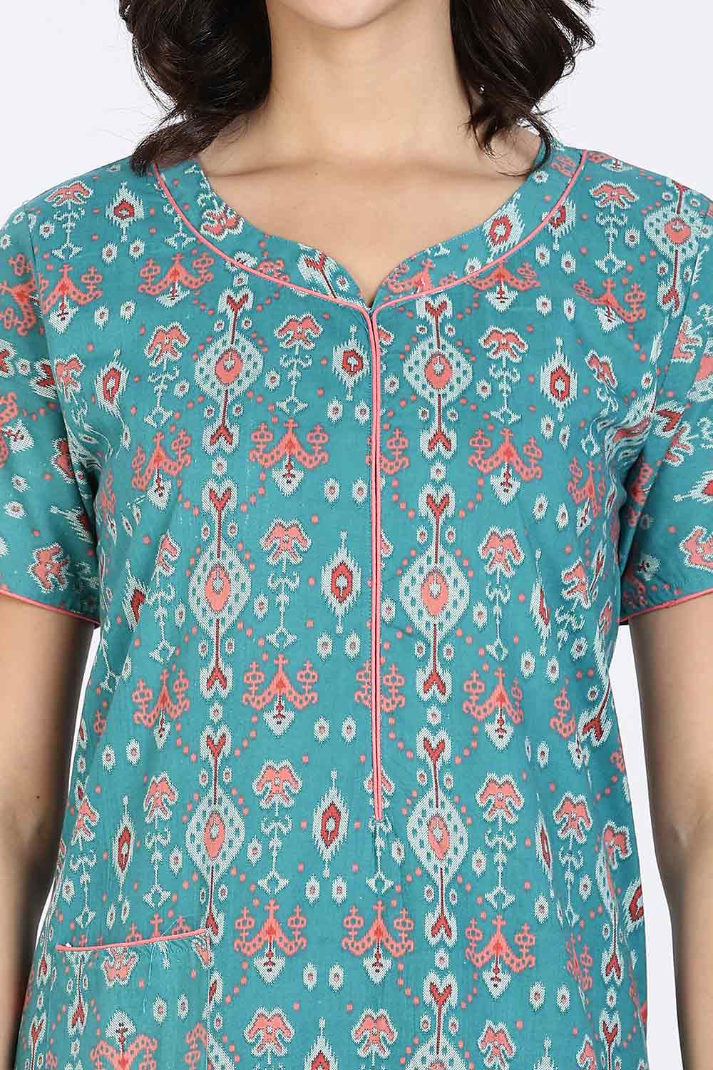 Naidu Hall Women's Cotton Nighty Full Length Night Dress with Round Neck Short Sleeves and Piping Detail
- Teal - NA44