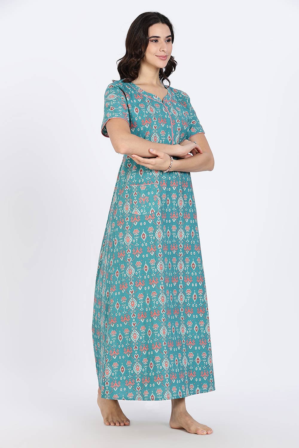 Naidu Hall Women’s Cotton Nighty Full Length Night Dress with Round Neck Short Sleeves and Piping Detail
- Teal - NA44