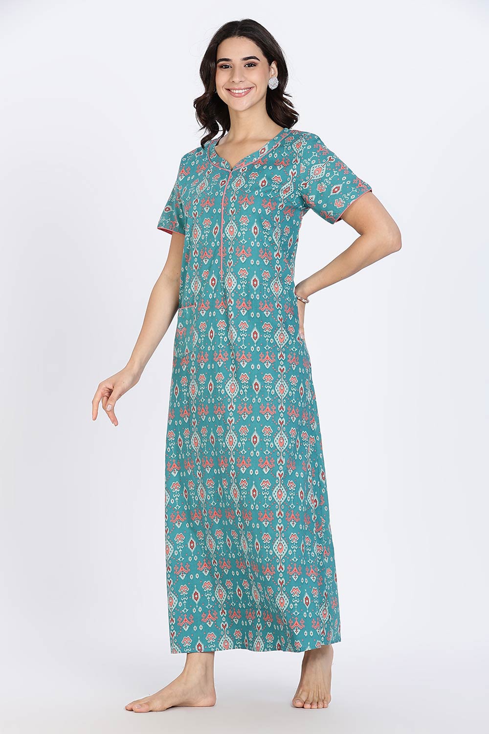 Naidu Hall Women’s Cotton Nighty Full Length Night Dress with Round Neck Short Sleeves and Piping Detail
- Teal - NA44