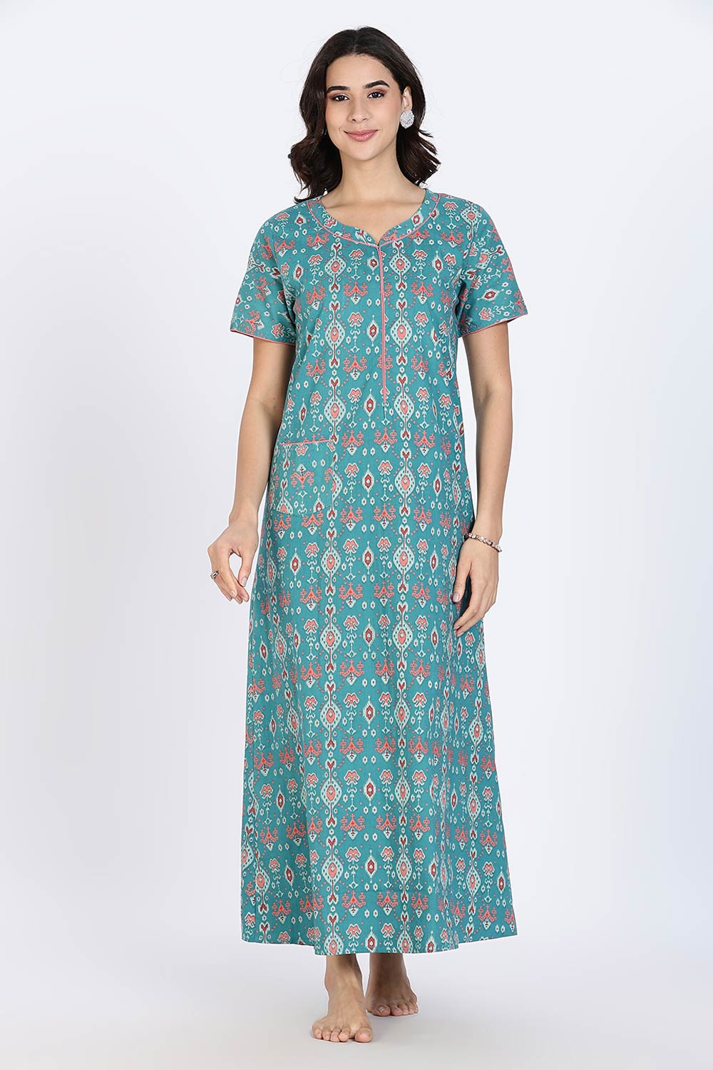 Naidu Hall Women’s Cotton Nighty Full Length Night Dress with Round Neck Short Sleeves and Piping Detail
- Teal - NA44