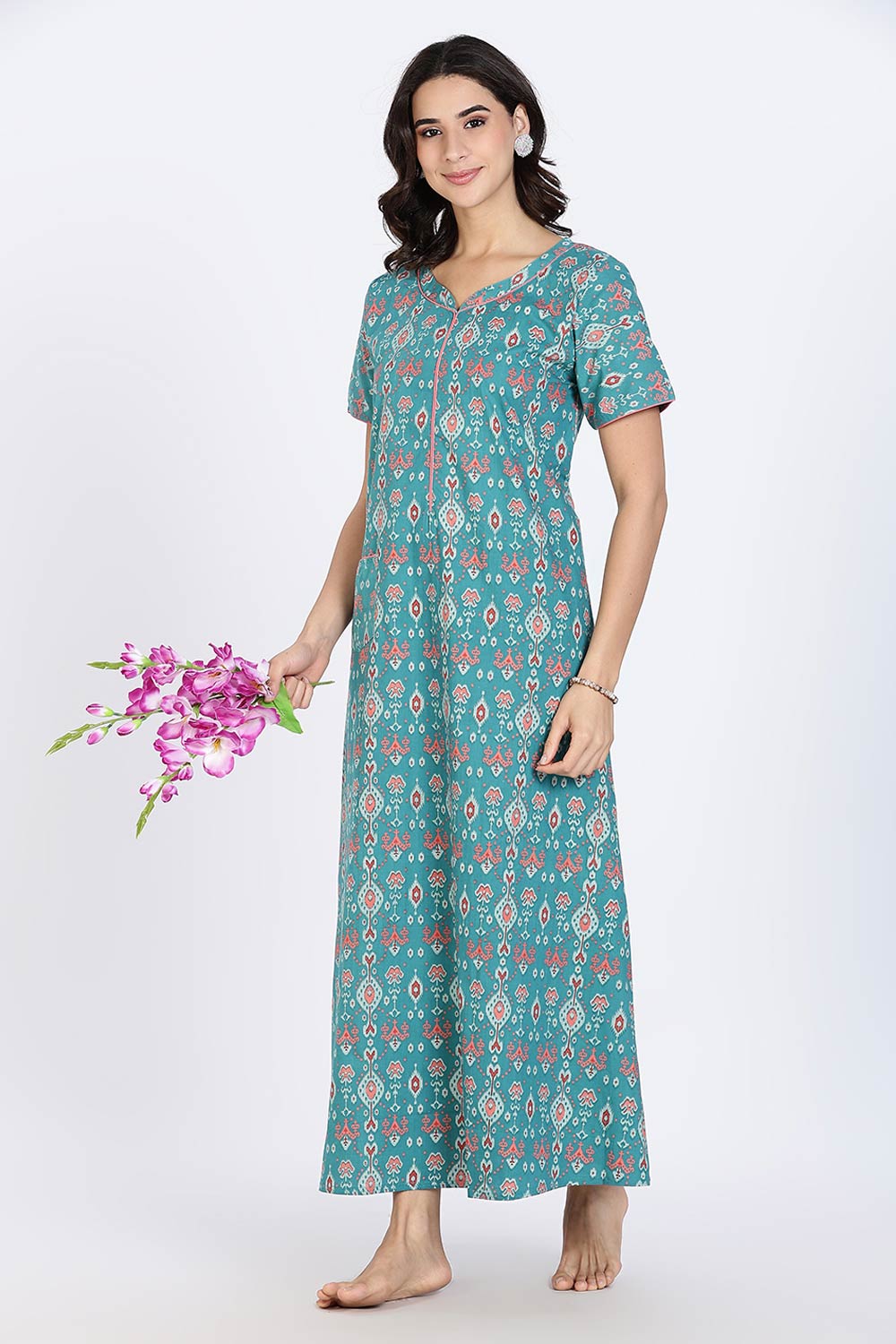 Naidu Hall Women’s Cotton Nighty Full Length Night Dress with Round Neck Short Sleeves and Piping Detail
- Teal - NA44