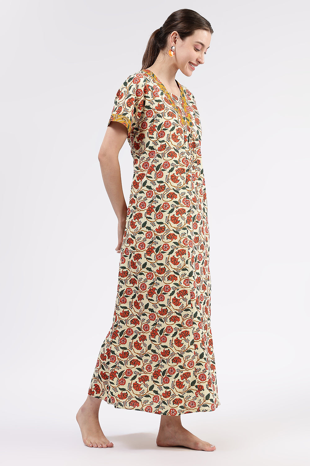 Naidu Hall Women’s Printed Cotton Full-Length Nighty with V-Neck Patchwork and Contrast Border Sleeves
- NA46